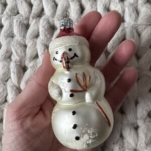 Vintage Czech Republic Blown Glass Snowman Ornament Red Santa Hat